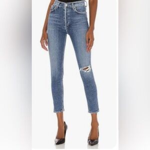 Agolde Nico High Rise Slim Fit Jeans Distressed Knee SZ 31 Blue